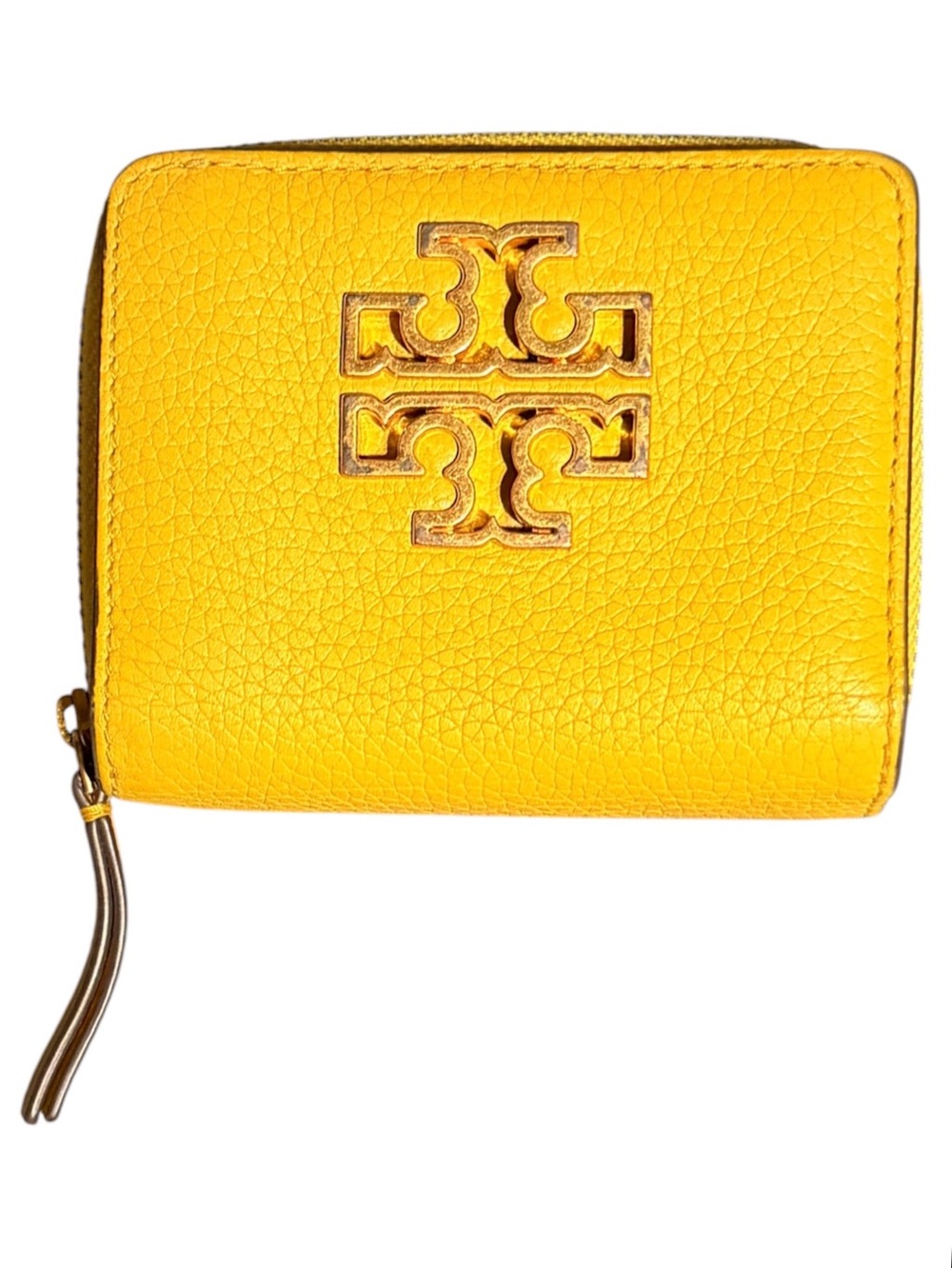 Tory Burch Bright Yellow Pebbled Leather Zip Card Wallet with Logo